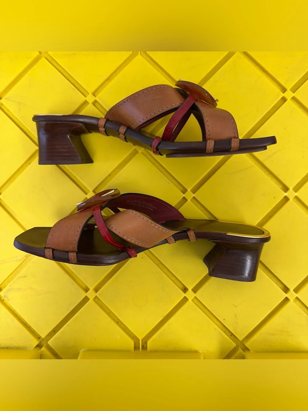 Tory Burch KNOTTED HEELED MULES SANDAL Elba Camello Red Size 8.5 Women’s